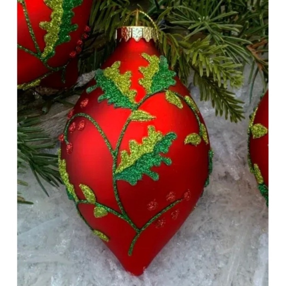Exclusively Christmas Large Glass Teardrop Ornament Red Green Holly Berry